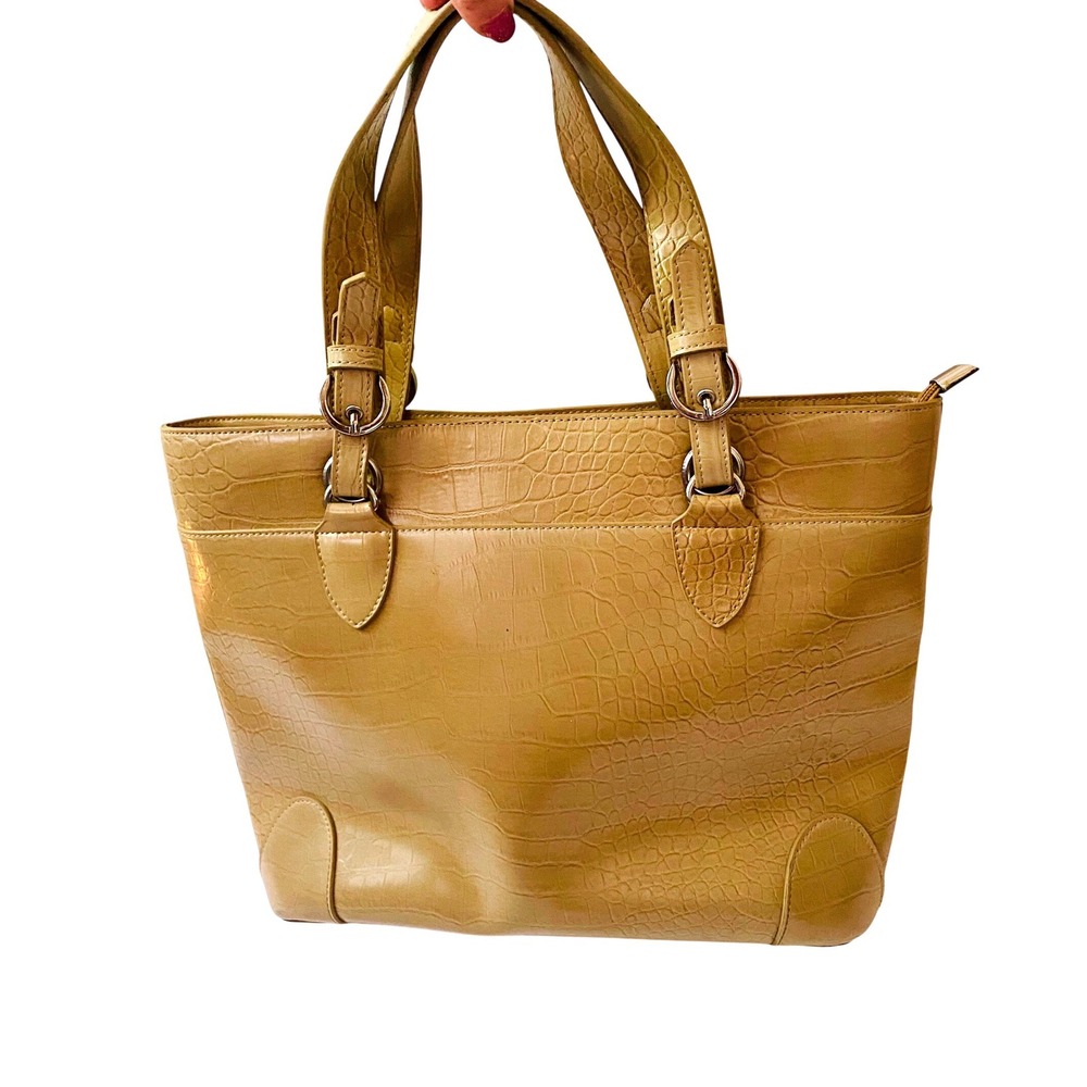 Alexander Ashlie Tan Faux Croc Embossed Tote Bag Silver Hardware Beige Handbag